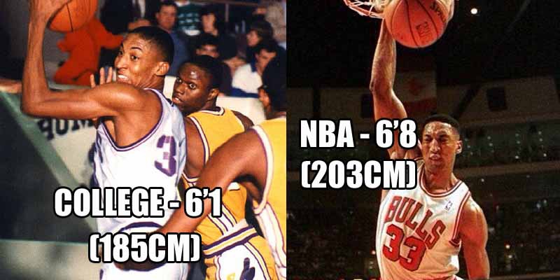 2、斯科蒂-皮蓬——皮蓬在NBA征战时身高为2米03，标准的小前锋身高。但就在读大学时，他还只有1米85，在后卫中都不算高。