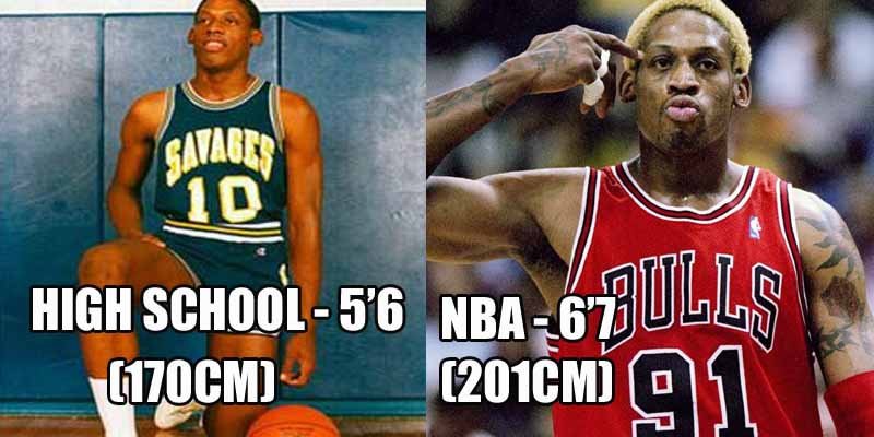 1、丹尼斯-罗德曼——作为7届篮板王，罗德曼高中时只有1米7。但进入NBA时，已经达到了2米01。