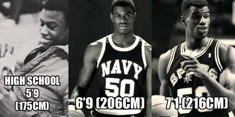 5、大卫-罗宾逊——读高中时，罗宾逊只有1米75。被马刺选中后为海军服役时，他长到了2米06。而最终登录NBA时，他已经长到了2米16。