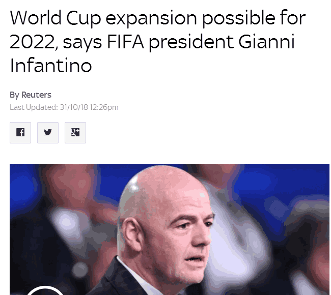 FIFA主席：2022年世界杯或扩军 48支球队进正赛