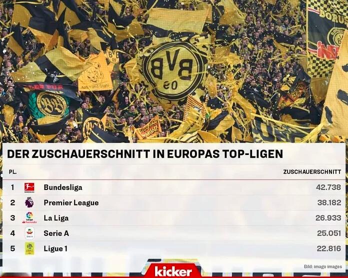 最受欢迎！德甲上座人数五大联赛第一 场均4.3万人_欧洲