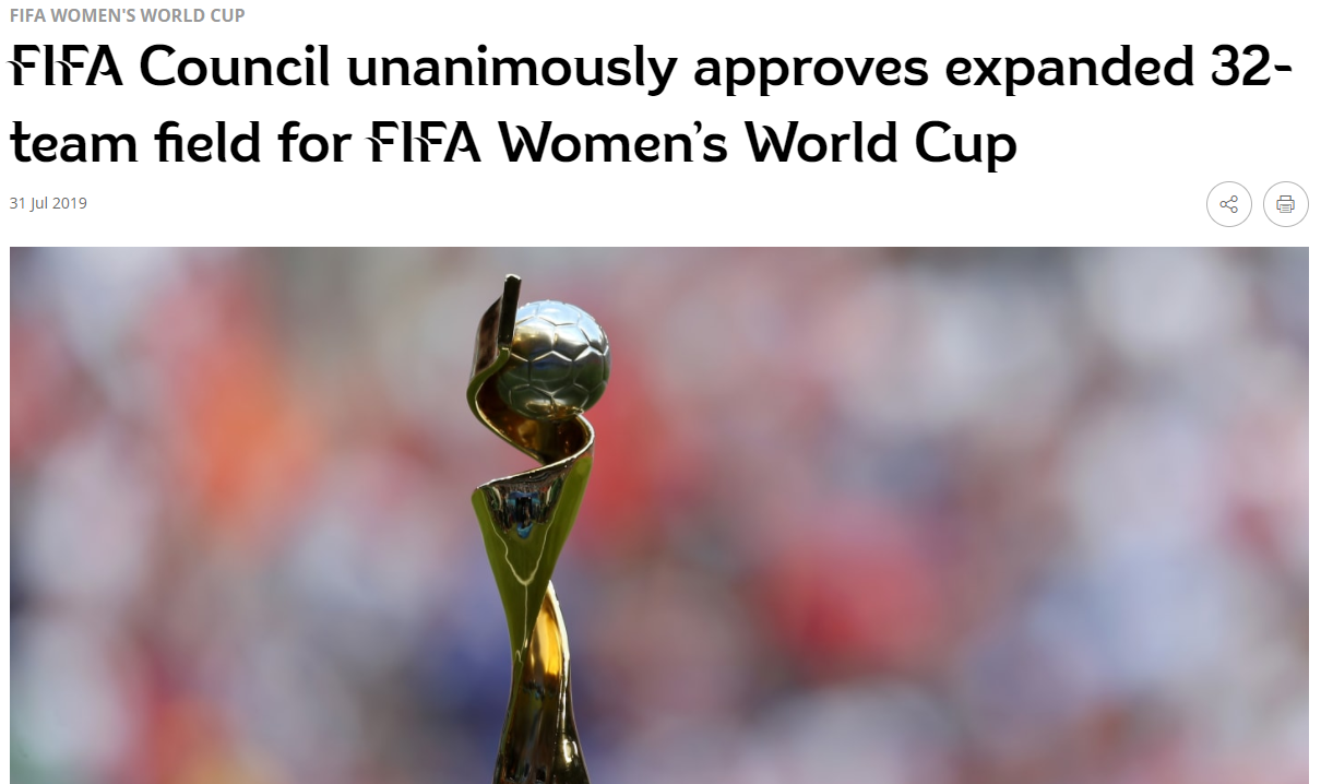 官方：2023年女足世界杯扩军 从24队扩充到32队_国际足联