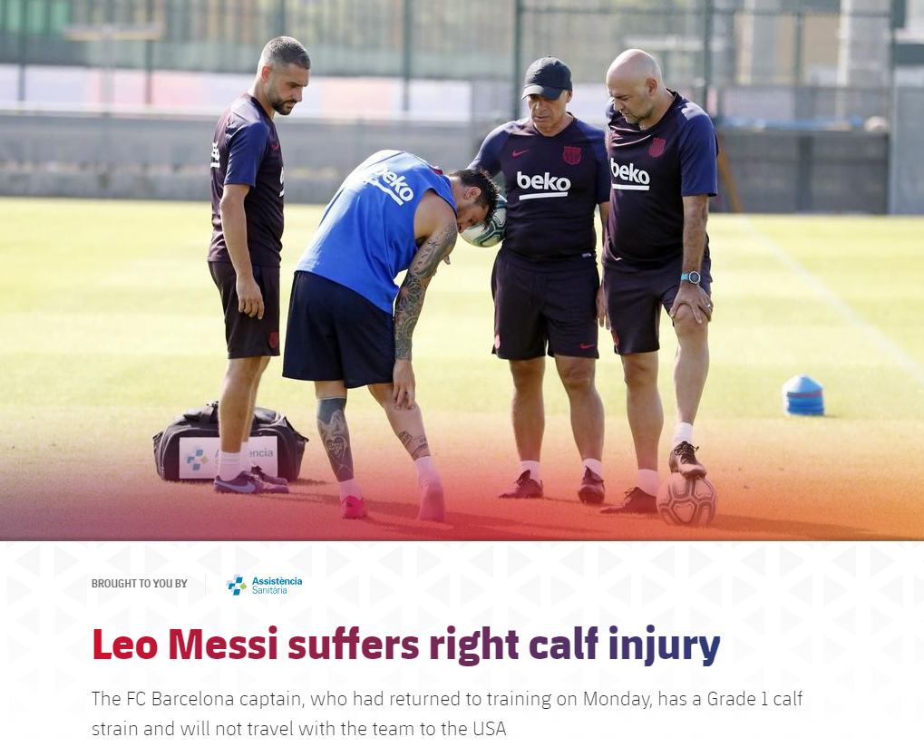 官方：梅西训练中右小腿拉伤 将缺席巴萨美国行_比赛