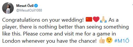 厄齐尔祝福新婚中国女球迷 请来伦敦观看我的比赛_偶像