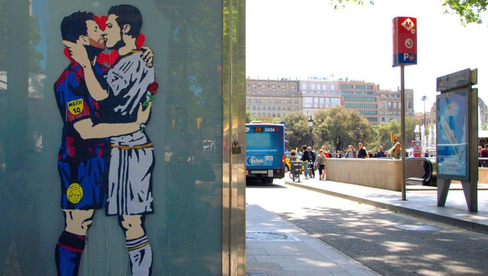 瞎了！巴塞罗那现梅西C罗拥吻涂鸦 起拍价150万_作品