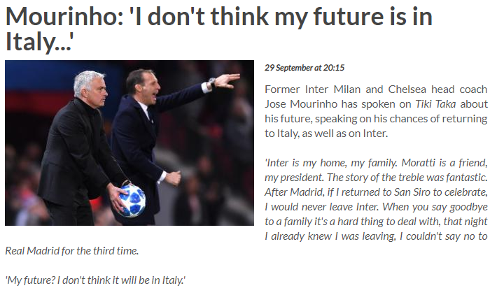穆里尼奥：无法拒皇马邀约 我的未来不在意大利_国米