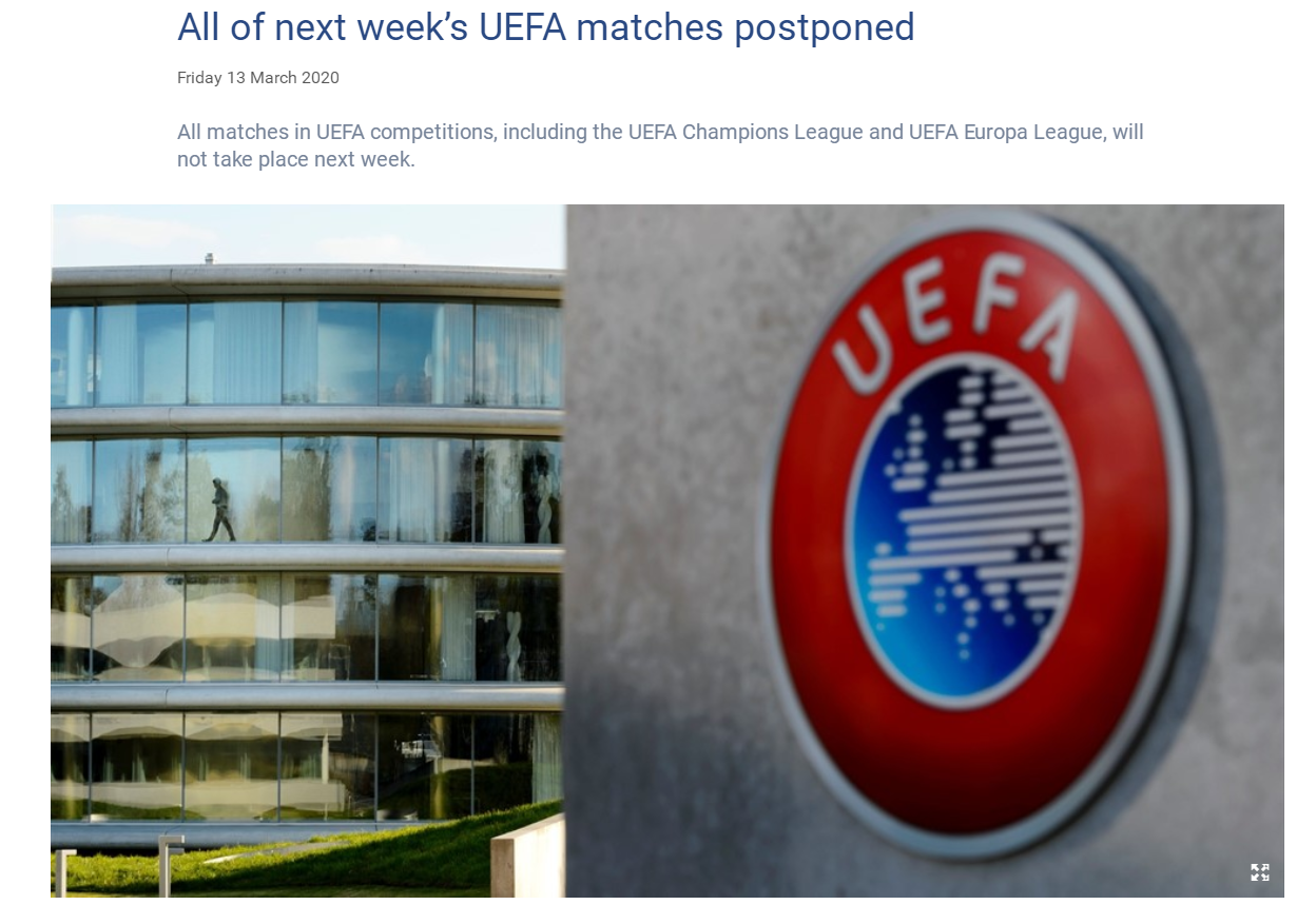 欧足联：下周欧冠欧联全部延期 抽签仪式同样推迟_比赛