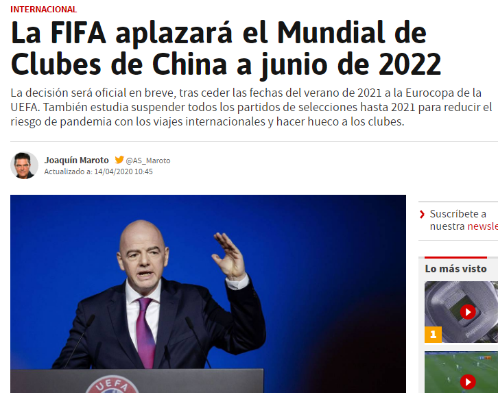 曝世俱杯延期至2022年6月 FIFA正研究取消今年国家队比赛_国际足联