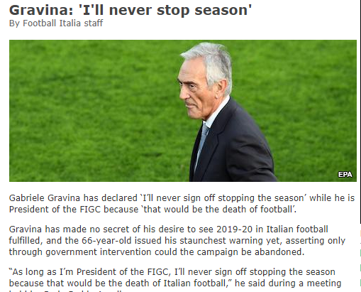意足协主席：只要我还在任 意甲本赛季就不会取消_格拉维纳