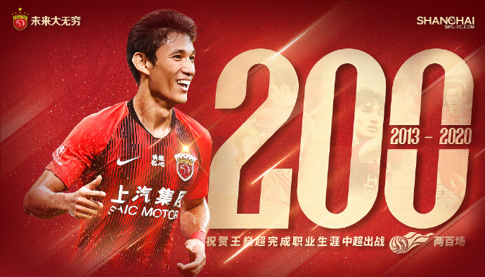 里程碑！上港庆祝王燊超战中超200场 本赛季已进3球_比赛